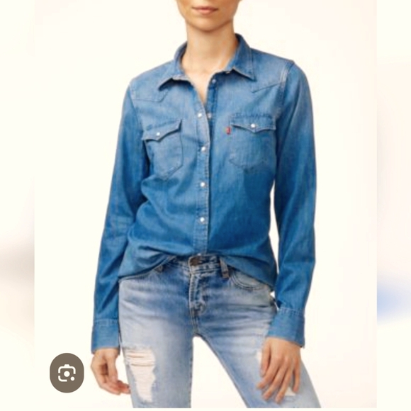 Levi’s Tailored Fit Western Chambray Denim Snap Button Long Sleeve Shirt Size XL - Picture 1 of 11